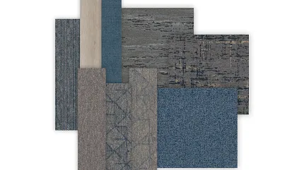 Commercial Carpet Tile Swatch in Blue, Gray, and Beige Swatch of commercial carpet tiles in various shades of blue, gray, and beige