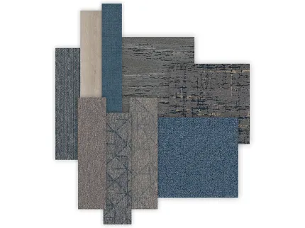 Commercial Carpet Tile Swatch in Blue, Gray, and Beige Swatch of commercial carpet tiles in various shades of blue, gray, and beige