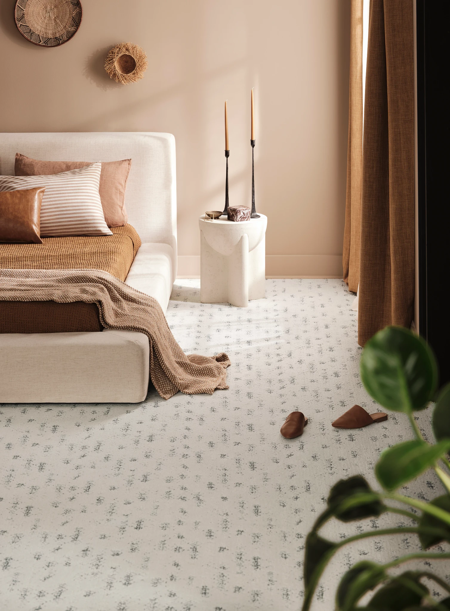 Elegant living room featuring a broadloom carpet with a delicate floral pattern in a 12 ft width