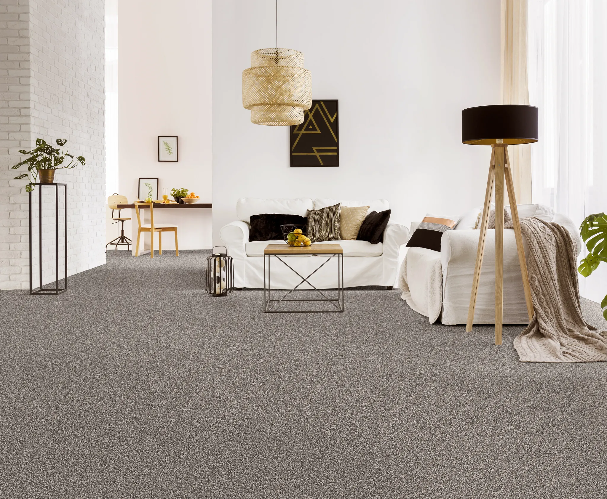 Cozy pet bed on soft, durable carpet flooring with a textured gray and white pattern