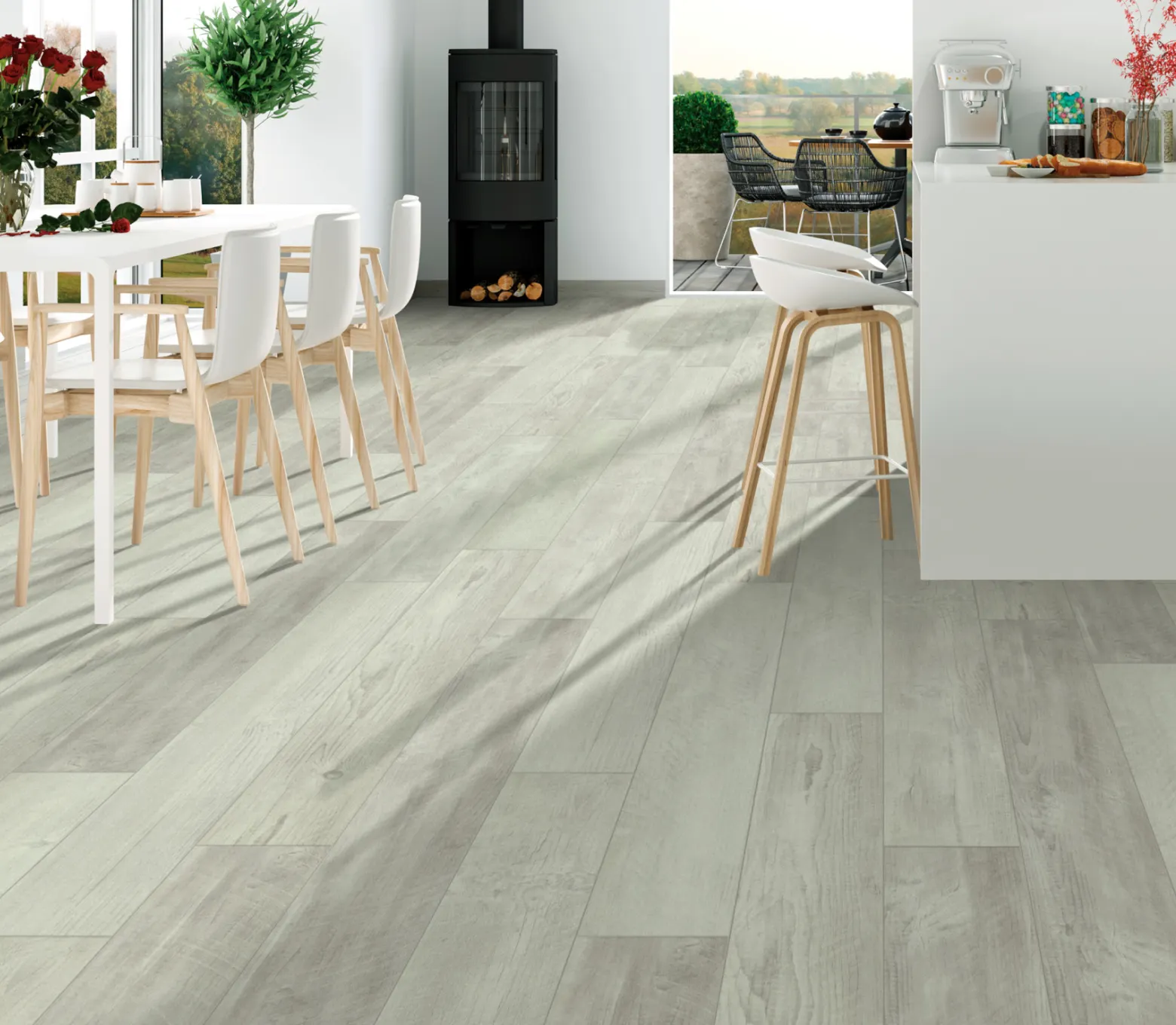 Modern home office with light oak vinyl flooring, featuring a sleek desk, chair, and indoor plants for a cozy and practical workspace