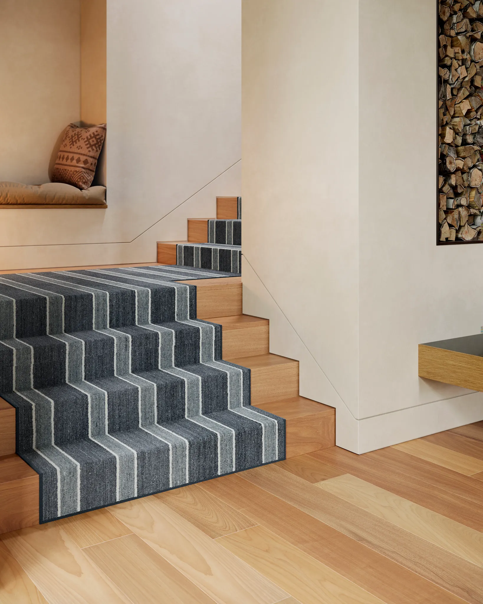 Modern staircase with 100% wool carpet in blue and gray stripes