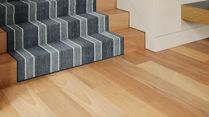 Stylish 100% Wool Carpet on Wooden Stairs - Blue and Gray Stripes Modern staircase with 100% wool carpet in blue and gray stripes
