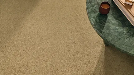 Beige Synthetic Carpet with Green Marble Table Scene Beige synthetic carpet with a green marble table and books