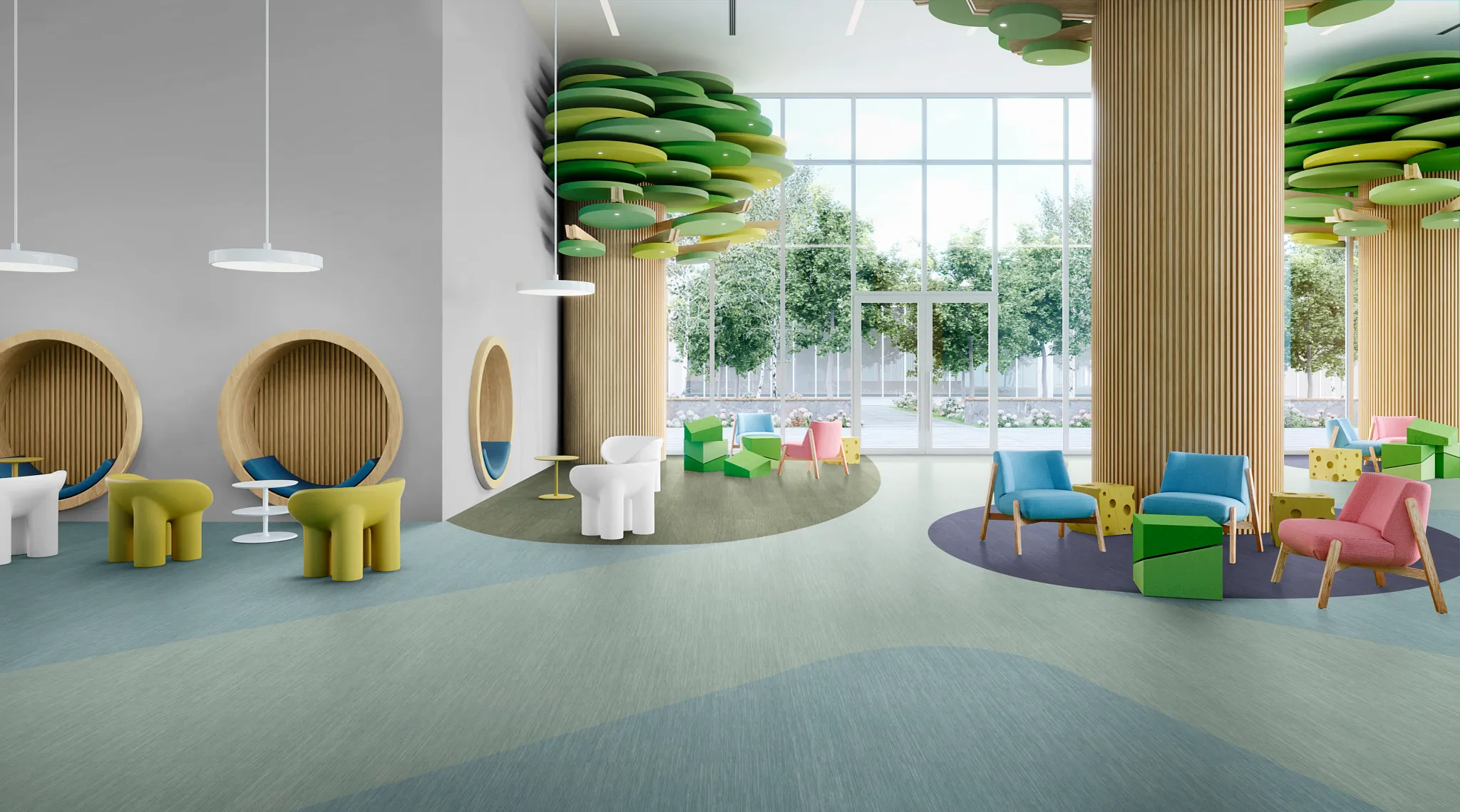 Education facility with heavy commercial luxury vinyl tile flooring in shades of blue and green