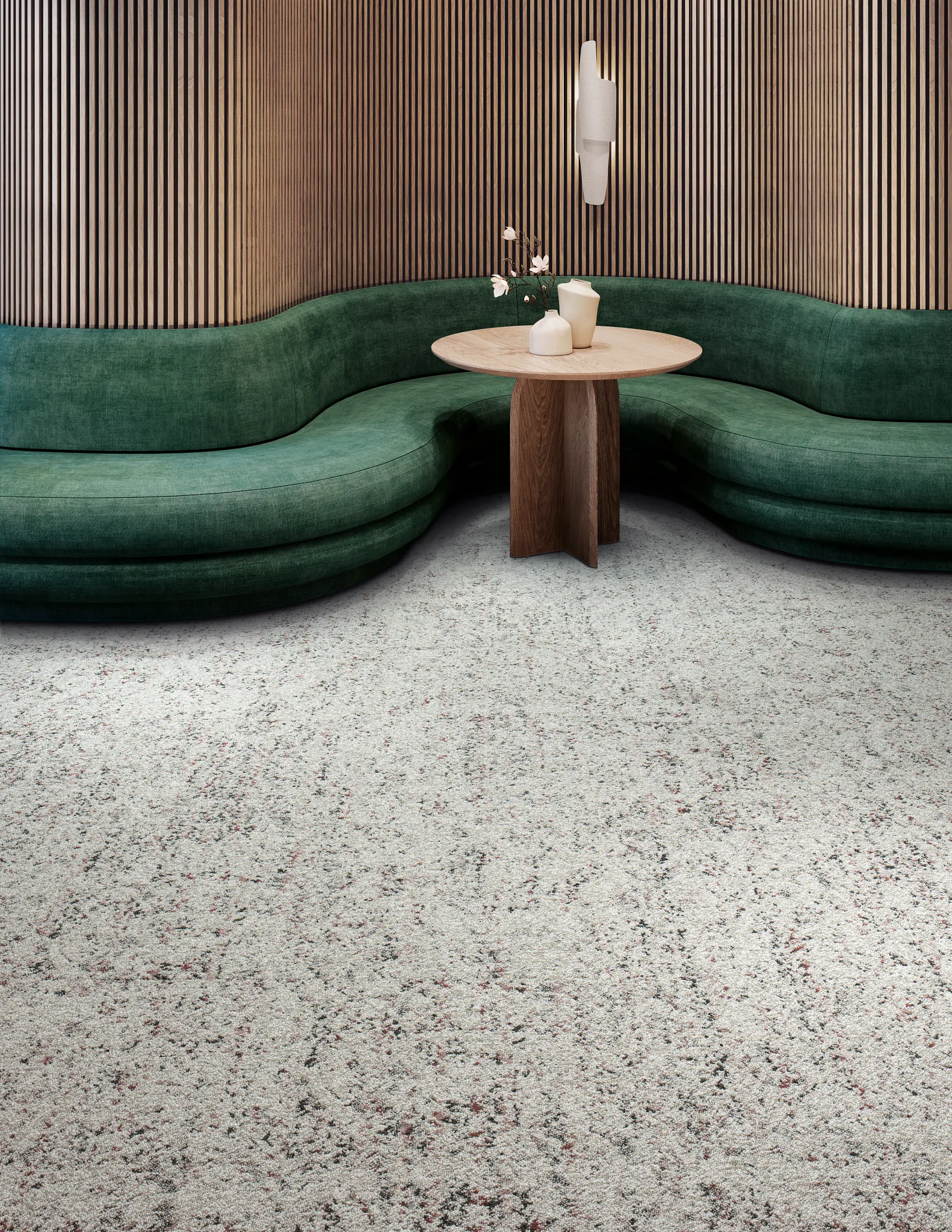 Modern hallway with abstract carpet design and wooden paneling