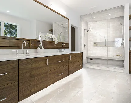 Contemporary Bathroom Design with Durable Tile Flooring Modern bathroom with sleek wood cabinetry and elegant tile flooring