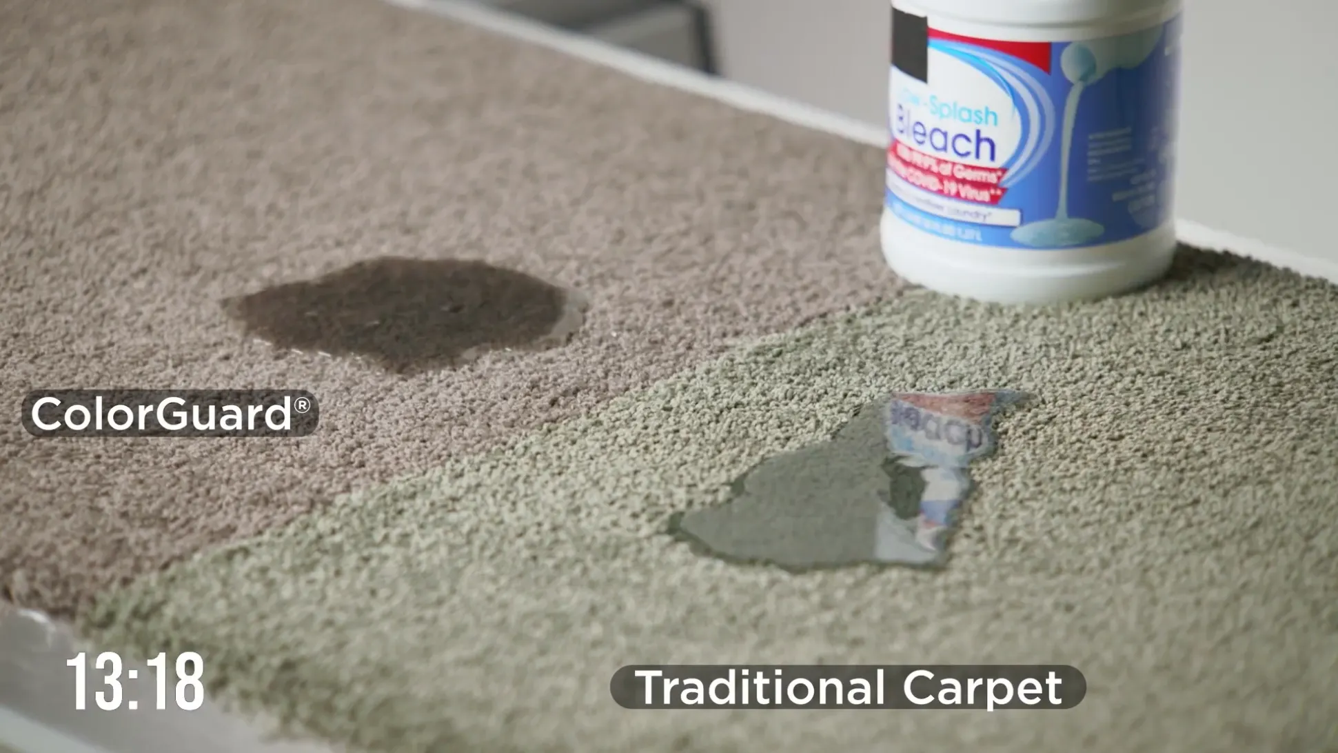 Comparison of ColorGuard carpet and traditional carpet with bleach spill