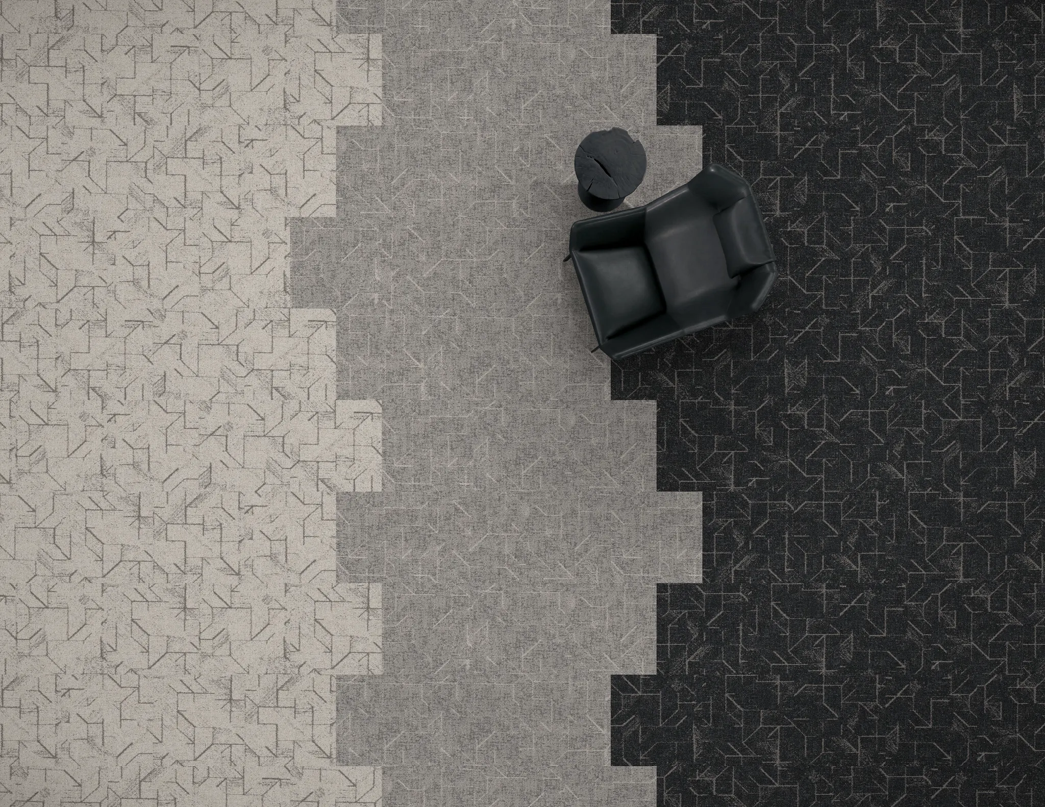 Modern office space with light gray commercial carpet tile flooring, featuring a sleek wooden desk and chair, large windows with city view, and wooden