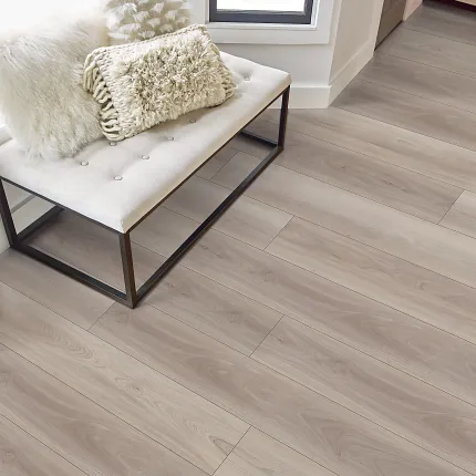 Light Wood Flooring in Modern Living Room Scene Modern living room with light wood flooring and a cozy bench with plush pillows