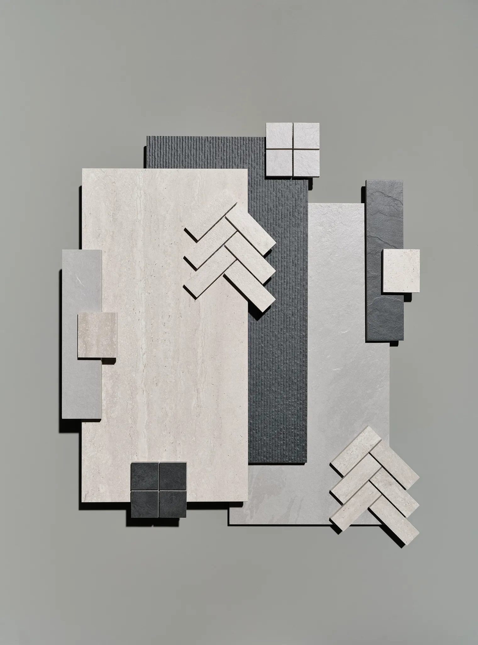 Assorted porcelain tile samples in neutral tones