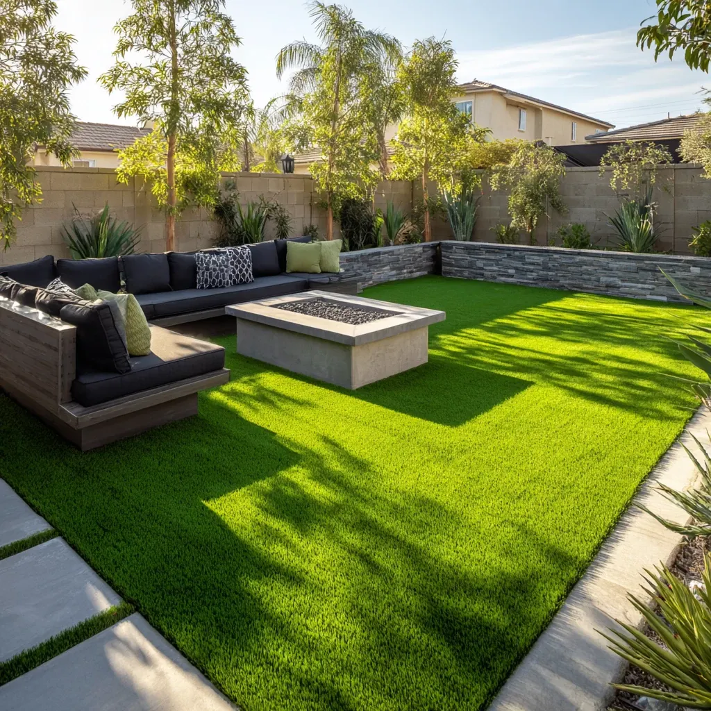 Modern backyard with artificial grass and outdoor seating