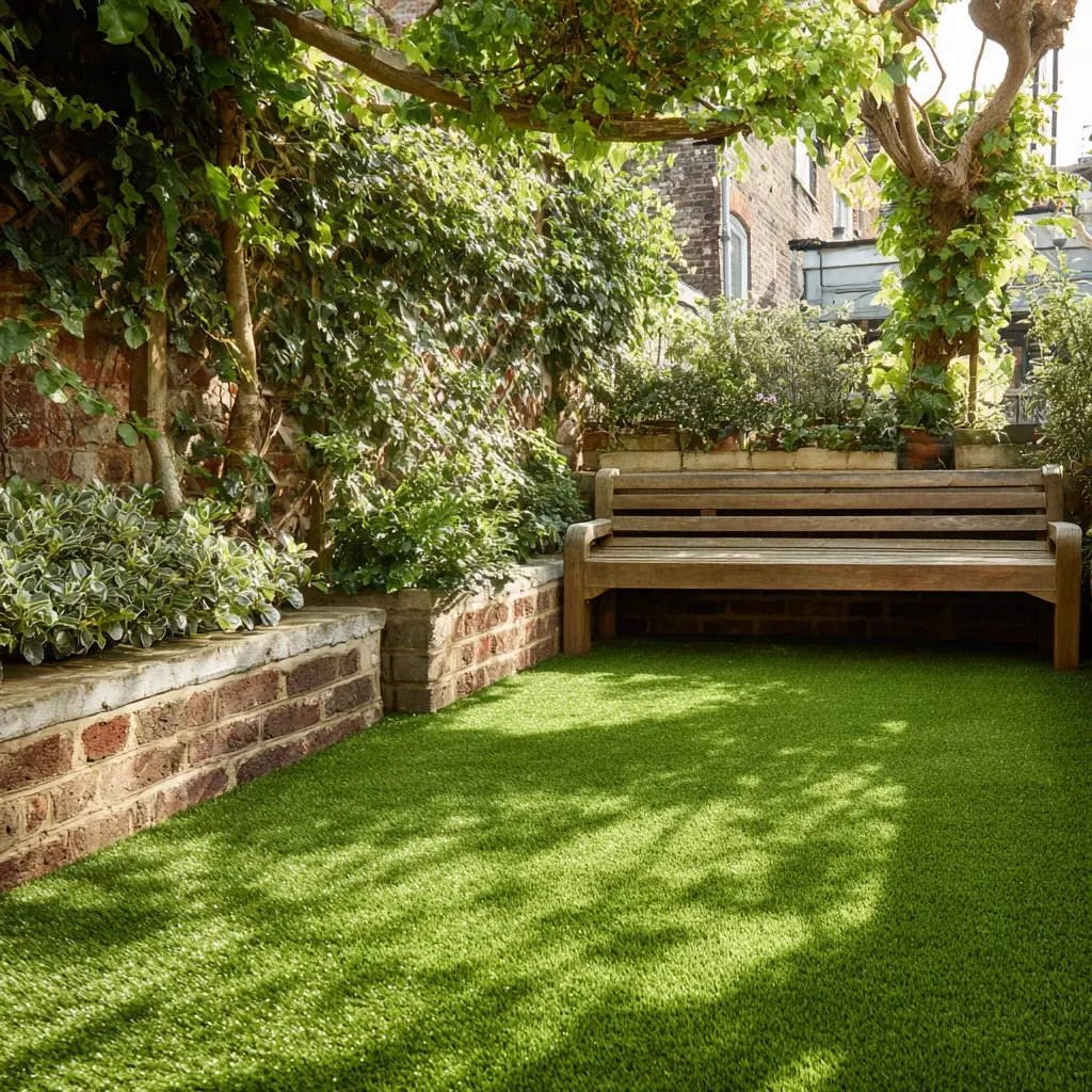 Green artificial grass in a cozy garden setting
