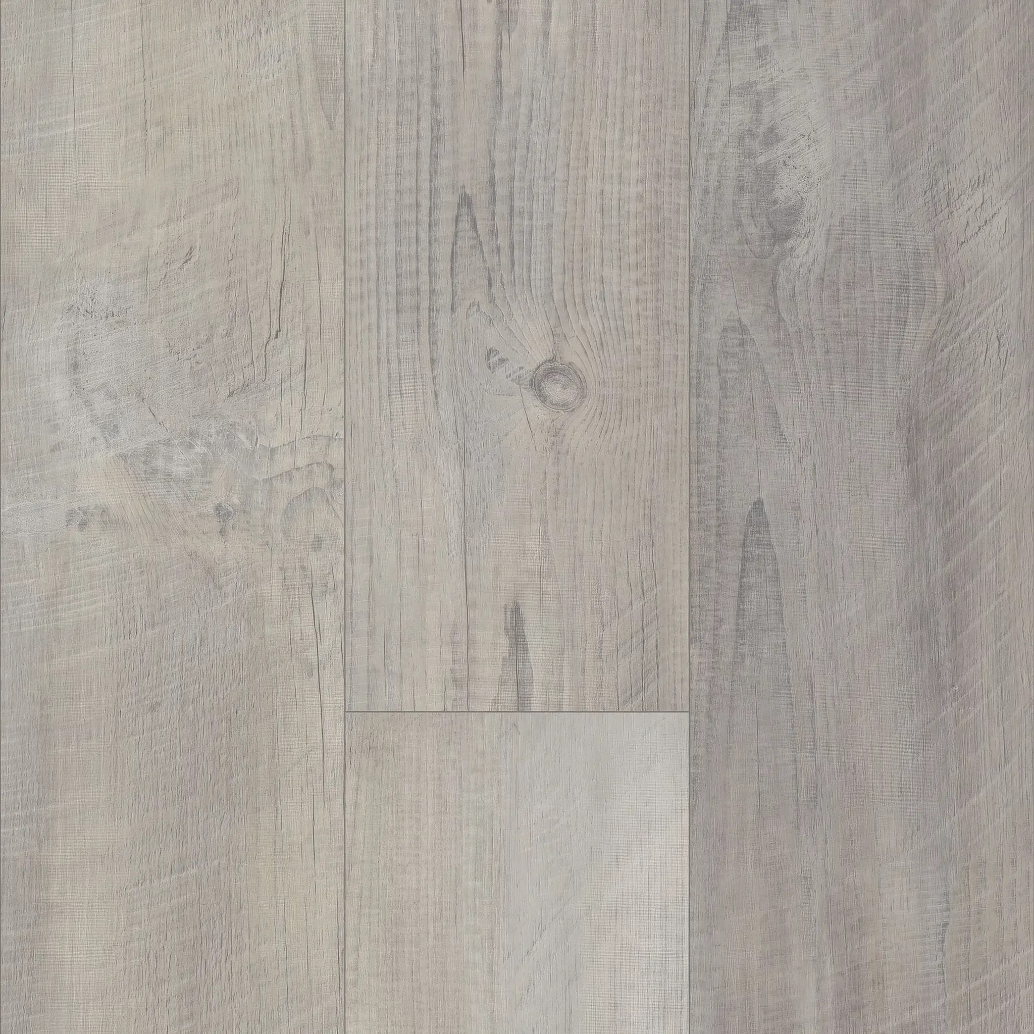 Light gray laminate flooring with wood grain texture