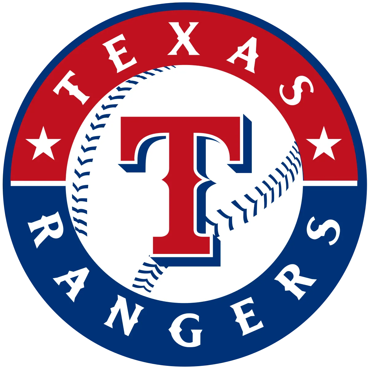 Texas Rangers logo with stylized red T and baseball background