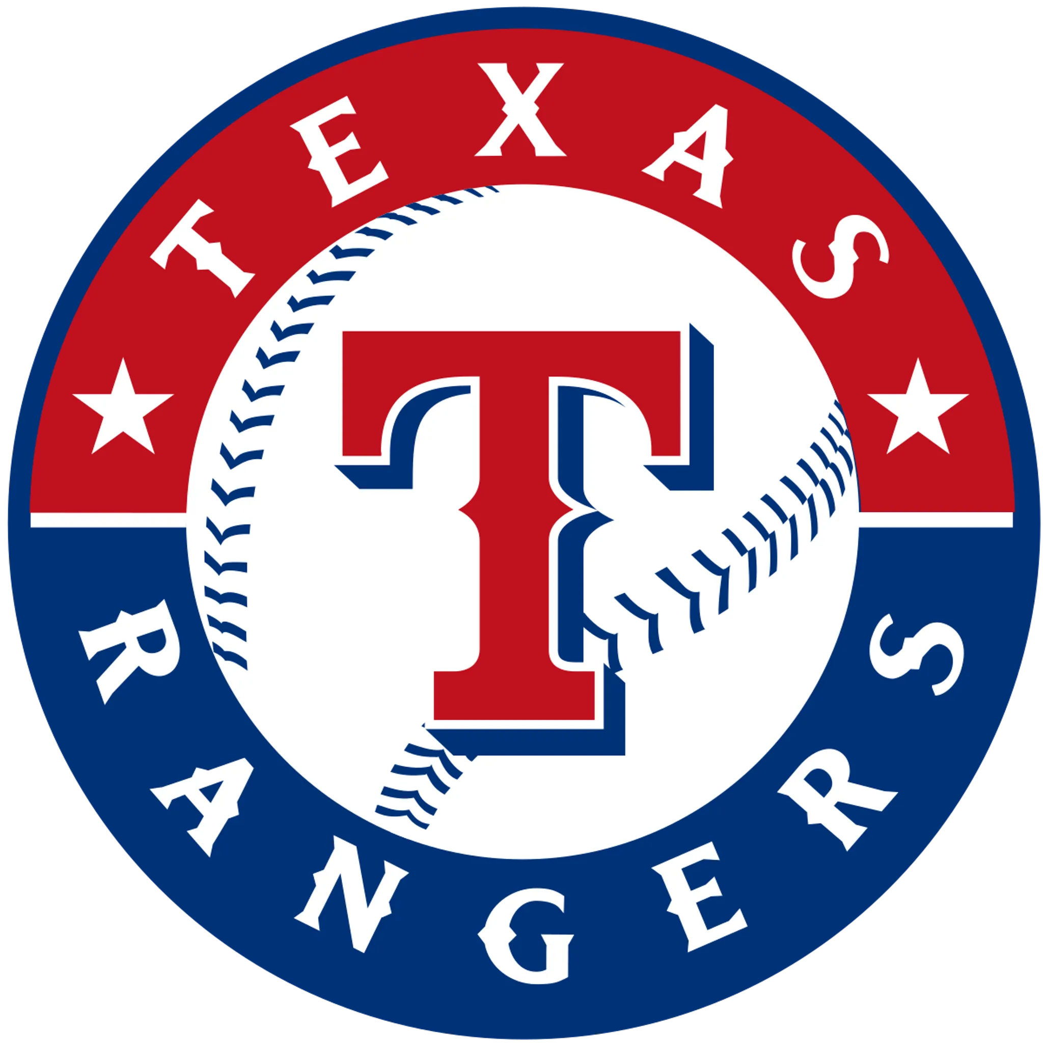 Texas Rangers logo with stylized red T and baseball background