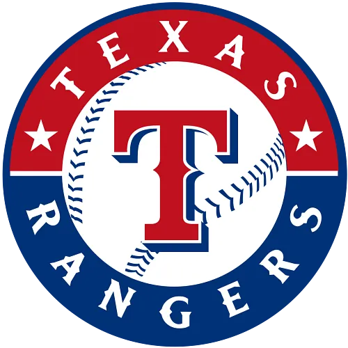 Texas Rangers logo with stylized red T and baseball background