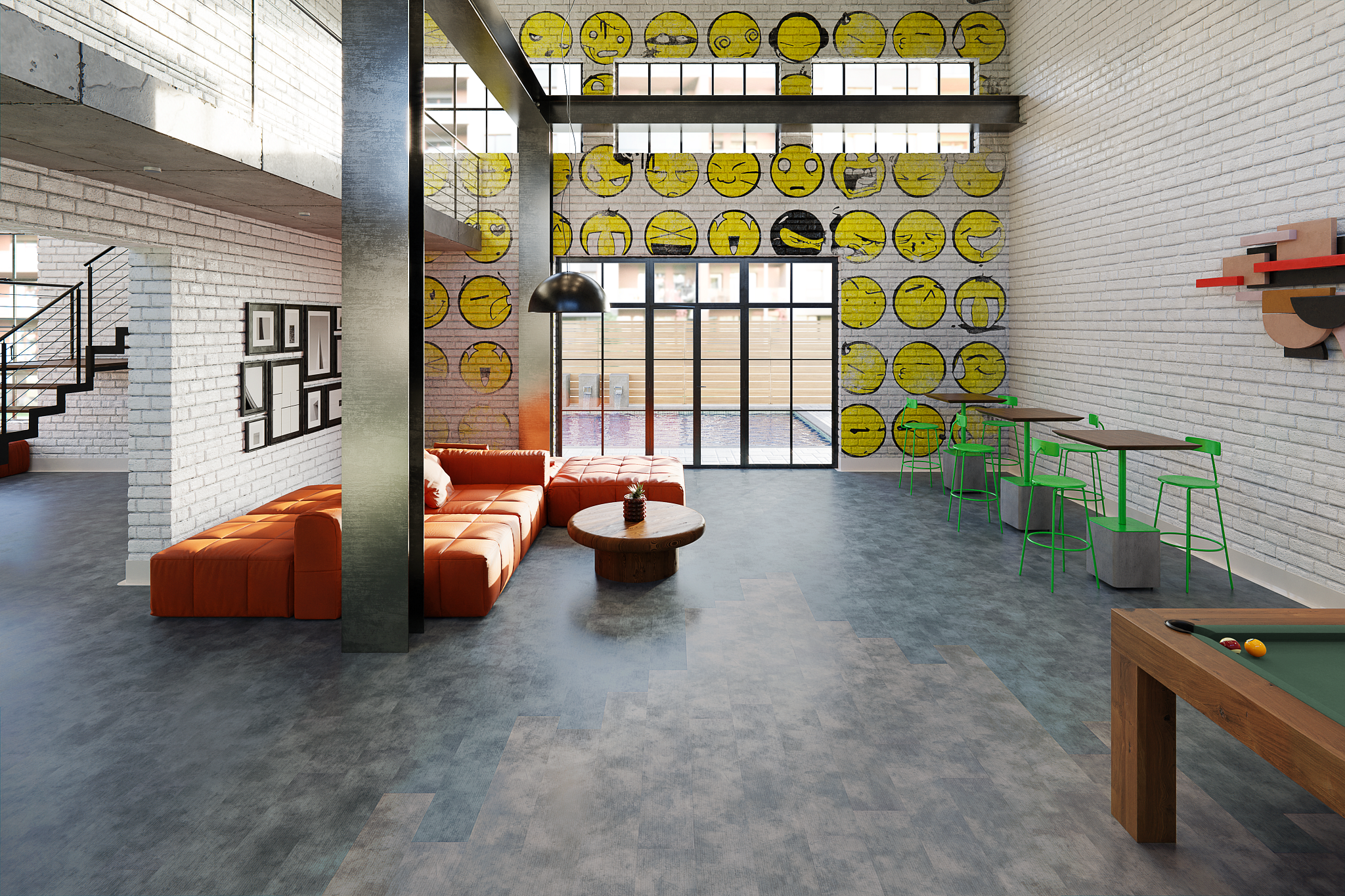 
  "Modern loft with heavy commercial luxury vinyl tile flooring in a spacious room featuring an orange sectional sofa, green bar stools, and a pool table"
)