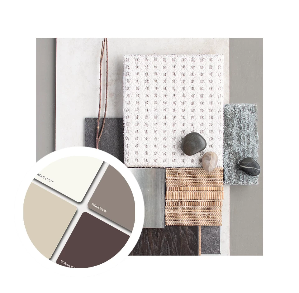 Zen product lay with color swatches and trendy materials