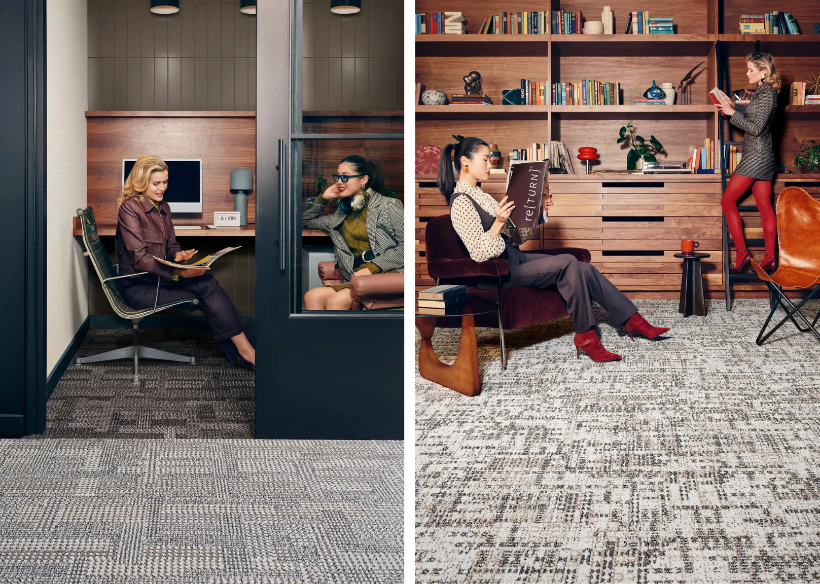 Modern office and library with patterned carpet flooring