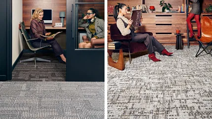 Stylish carpet flooring in contemporary office and library settings Modern office and library with patterned carpet flooring