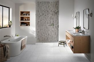 spa-like bathroom featuring coretec tile luxury vinyl