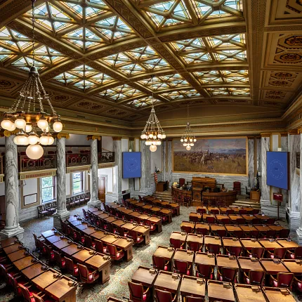 Elegant interior design for government spaces Ornate government facility with detailed ceiling and carpet flooring