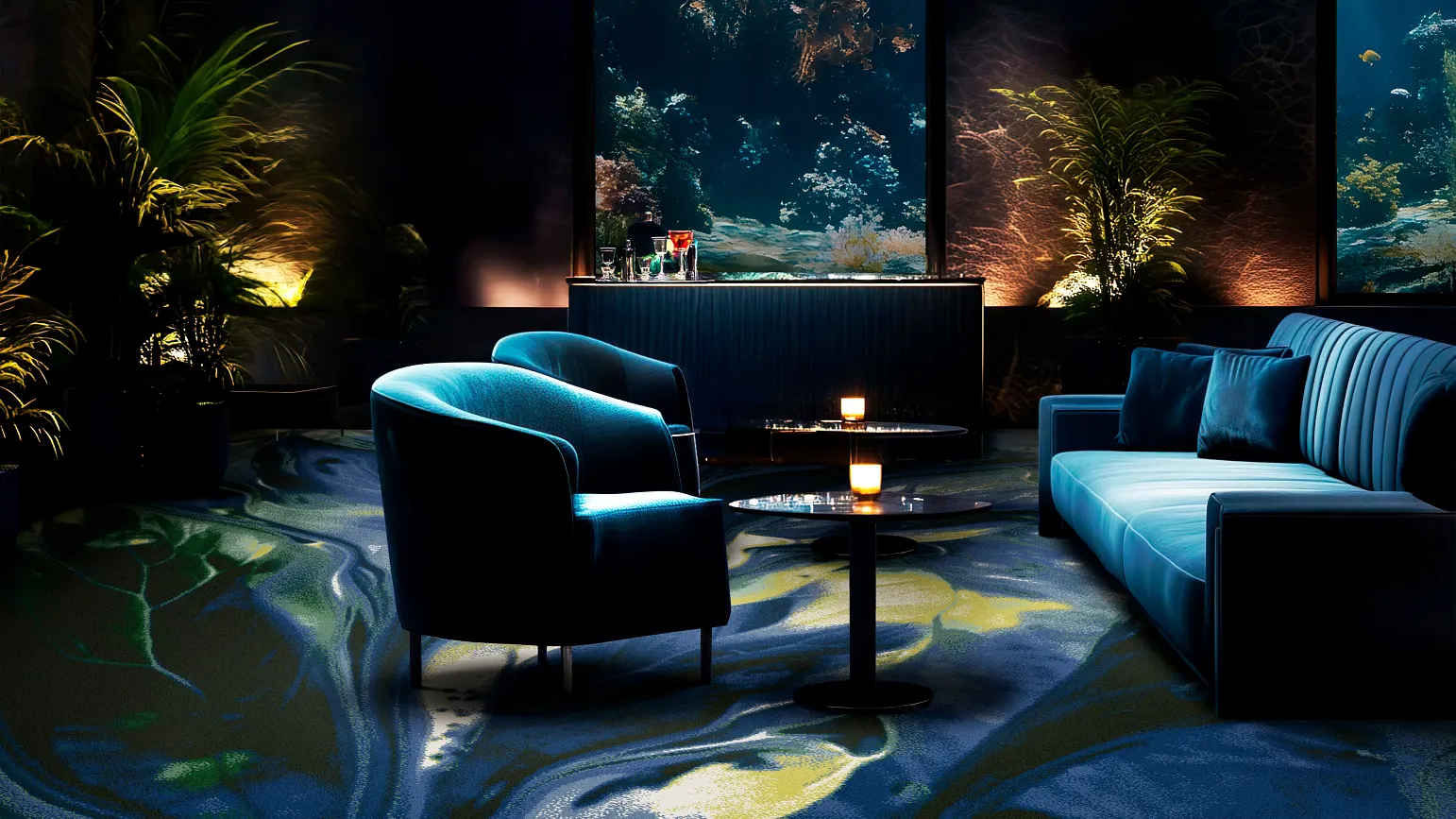 Blue lounge area with an ocean like carpet