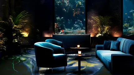 Ocean-Inspired Commercial Carpet Tile in Hospitality Lounge Setting Custom Pattern AXR96758 and AXF96757