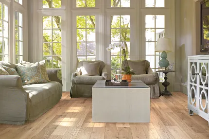 Elegant Hardwood Flooring in a Sunlit Living Room Cozy living room with natural light and elegant hardwood flooring