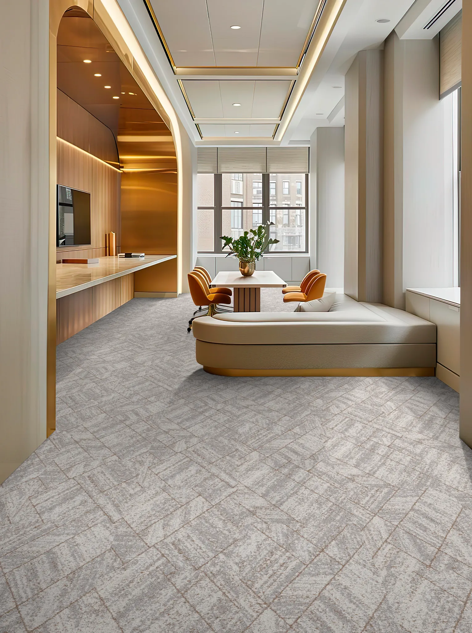 Swatch of commercial carpet tiles in shades of gray, white, and beige with textured patterns, accompanied by design elements like a brass handle and c