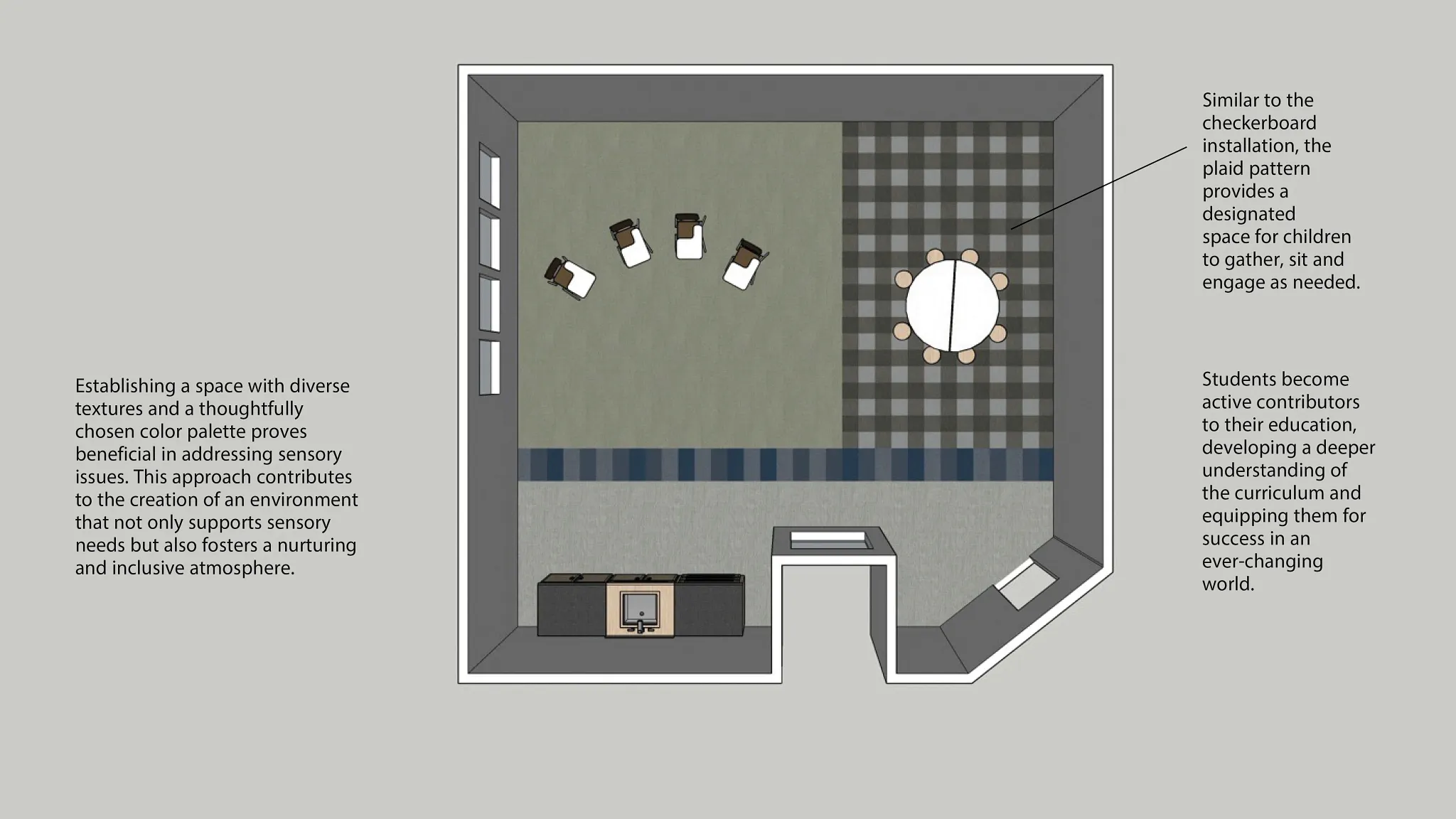 Education facility with diverse textures and plaid pattern flooring