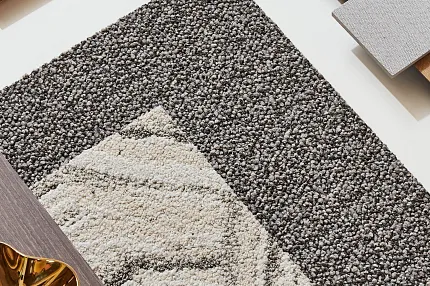 Flooring Design Palette with Wood and Carpet Swatches Flooring design palette featuring light and dark wood planks, textured carpet swatches in gray and beige tones, and decorative elements