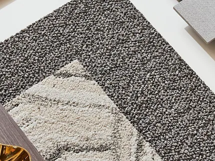 Flooring Design Palette with Wood and Carpet Swatches Flooring design palette featuring light and dark wood planks, textured carpet swatches in gray and beige tones, and decorative elements