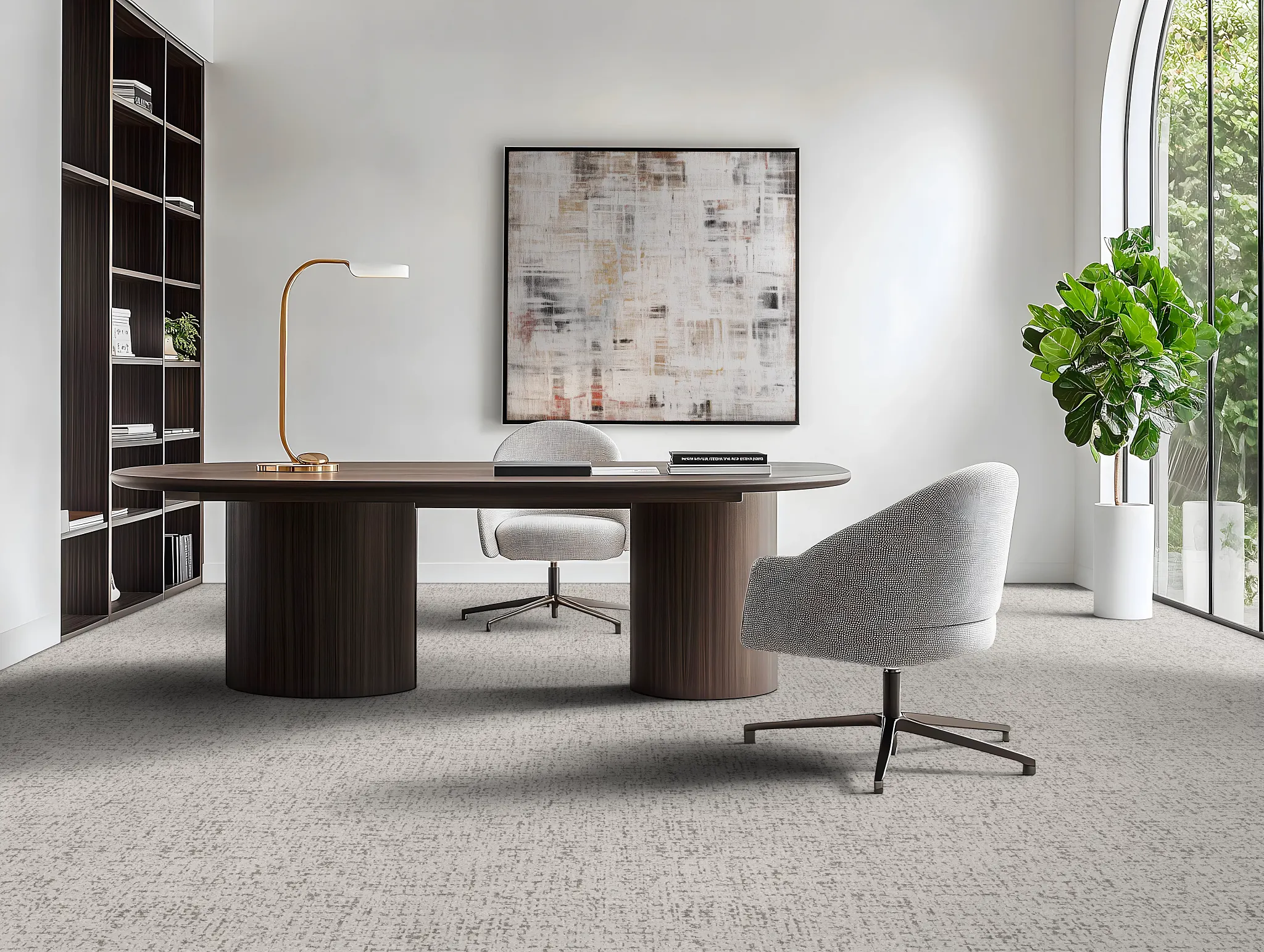 Modern office with broadloom carpet flooring