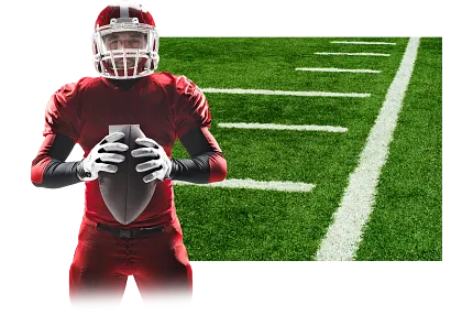 Durable artificial turf for sports fields Football player in red uniform on green turf field