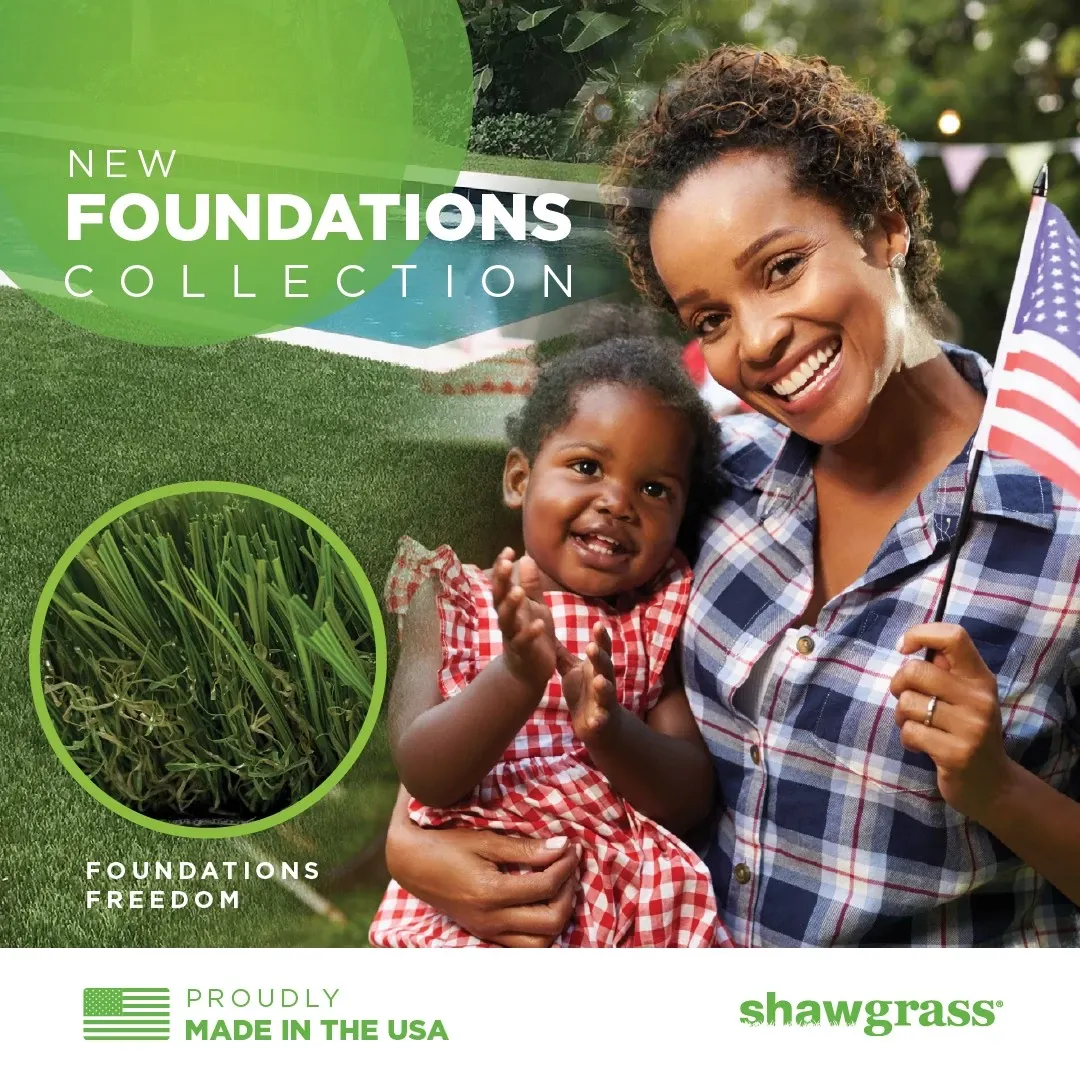 Mother and child smiling outdoors on artificial turf lawn promoting the Foundations Collection, proudly made in the USA by Shaw Grass.
