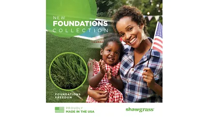 Foundations Artificial Turf Collection – Made in the USA | Shaw Grass Mother and child smiling outdoors on artificial turf lawn promoting the Foundations Collection, proudly made in the USA by Shaw Grass.