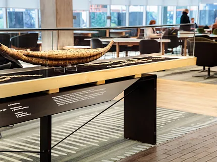 University of Tasmania Learning Environment Celebrating Culture and Place | Shaw Contract Cultural display within the University of Tasmania learning environment, featuring a woven artefact, custom patterned flooring and collaborative study spaces.
