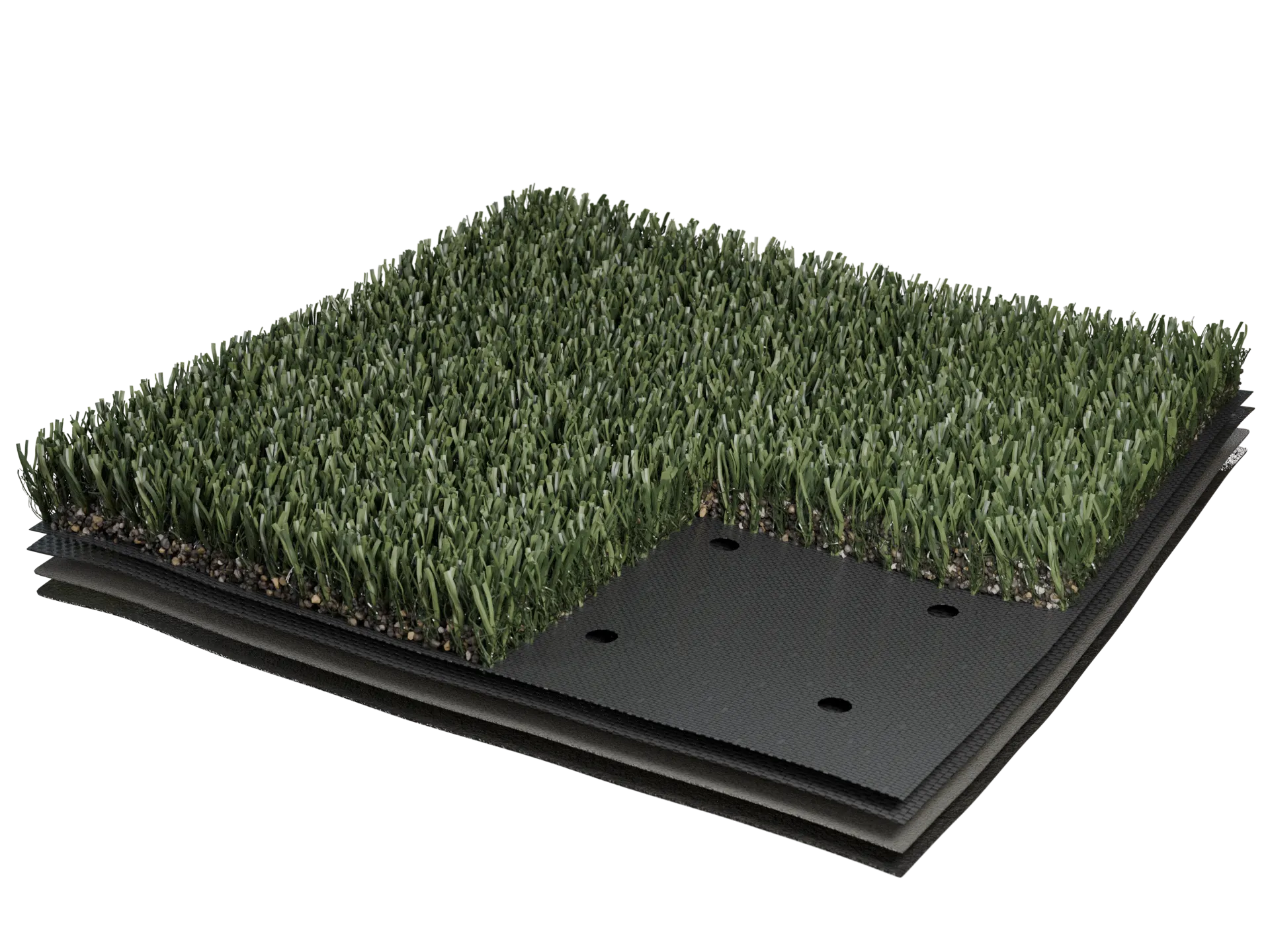 Artificial grass flooring sample with layered construction