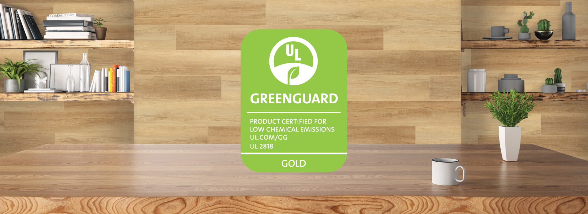 Wooden desk and the GreenGuard logo