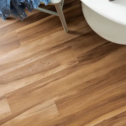 Coretec Residential WPC Luxury Vinyl Plank Flooring - Wood Look Design 48.03x4.96 inch Coretec Residential WPC luxury vinyl plank flooring in a wood look design with shades of light and medium brown, featuring a blue throw and a white table with a tic-tac-toe game, dimensions 48.03x4.96 inch