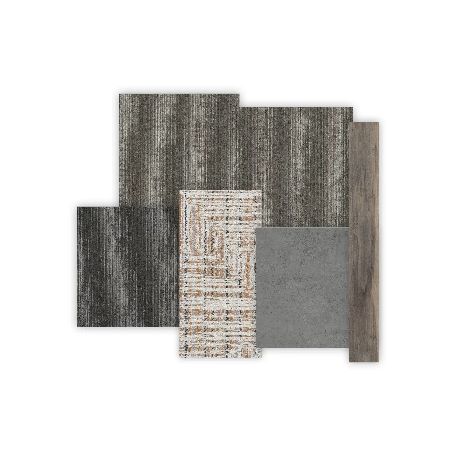  Swatch of various flooring types including grey striped carpet, dark grey carpet, multicolored patterned carpet, grey tile, and wood-look plank