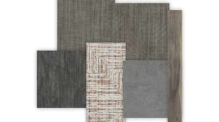 Mixed Flooring Swatch Featuring Carpet, Tile, and Wood-Look Plank Swatch of various flooring types including grey striped carpet, dark grey carpet, multicolored patterned carpet, grey tile, and wood-look plank
