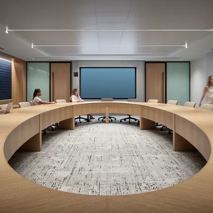 Workplace Conference Room with Commercial Carpet Tile Flooring Modern workplace conference room with circular wooden table and commercial carpet tile flooring