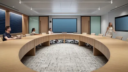 Workplace Conference Room with Commercial Carpet Tile Flooring Modern workplace conference room with circular wooden table and commercial carpet tile flooring