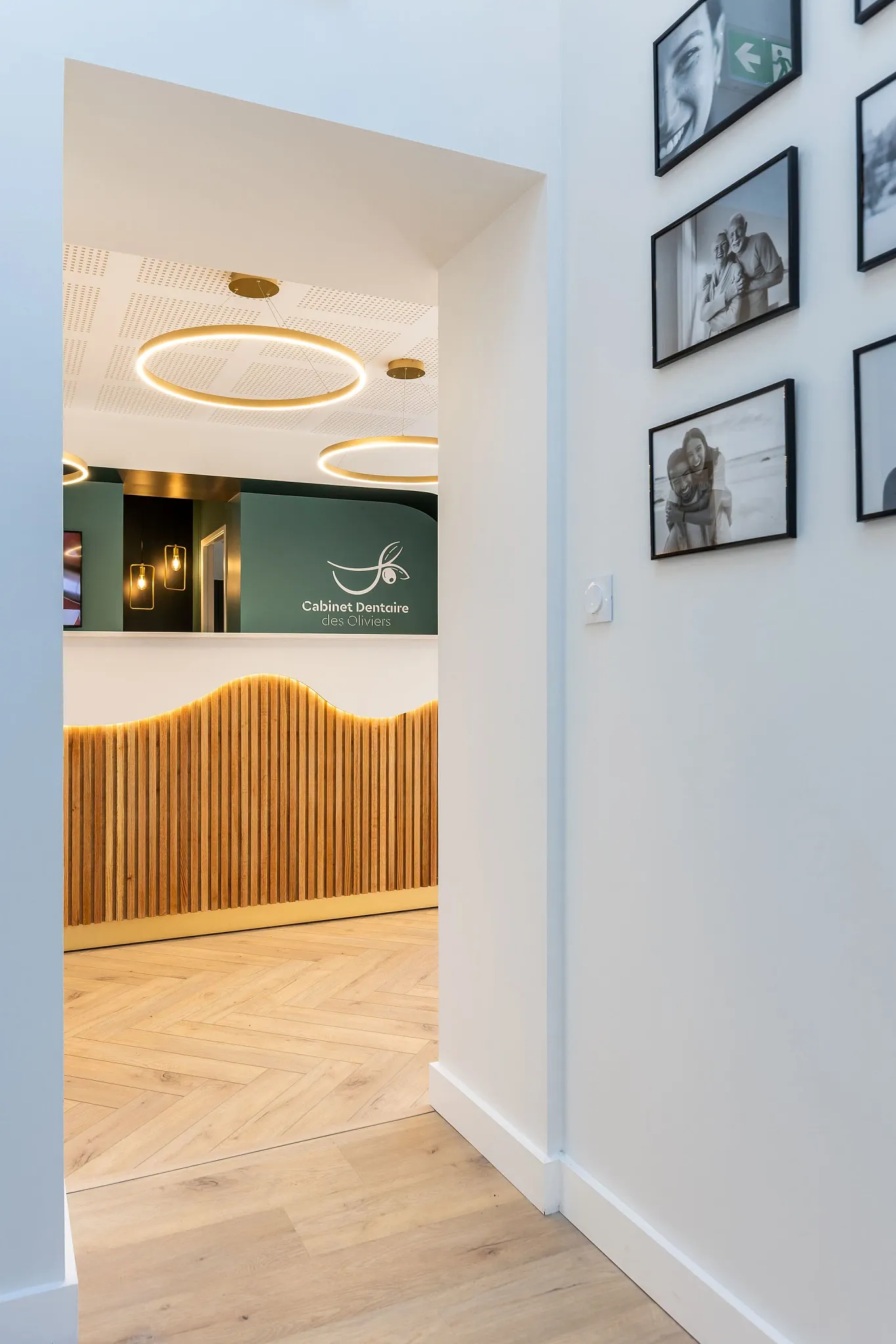 Modern dental office with herringbone wood flooring