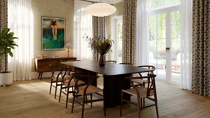 Premium hardwood flooring for elegant dining spaces Hardwood flooring in a stylish dining room with natural light