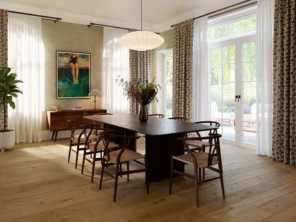 Premium hardwood flooring for elegant dining spaces Hardwood flooring in a stylish dining room with natural light