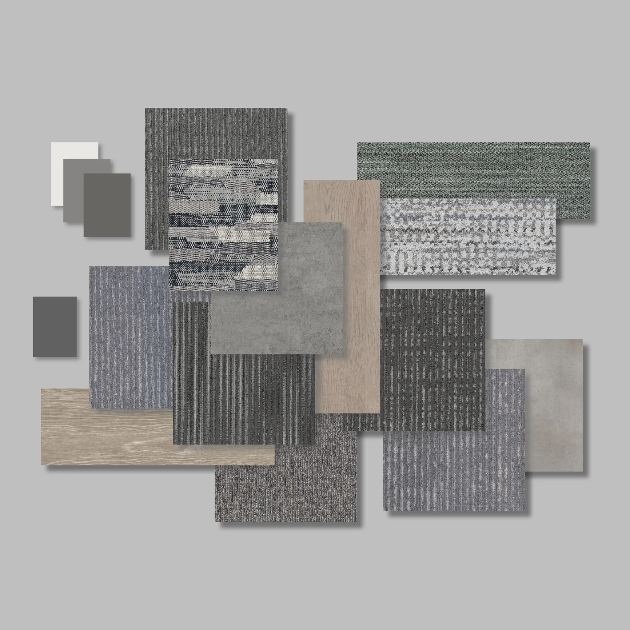 Assorted flooring swatches in various textures and colors including grey, blue, beige, and white